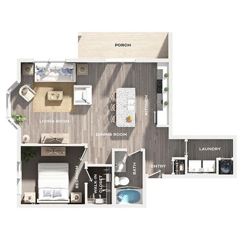 Floor plan for 1 bed, 1 bath, 837 sqft